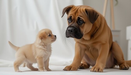 Dogs interacting curiously in a bright indoor setting  