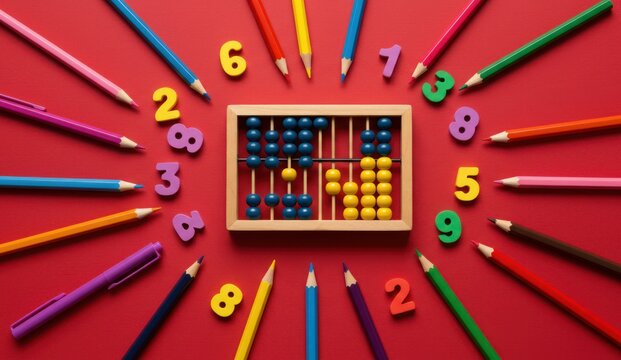 Colorful pencils and numbers surround an abacus on a red background,
