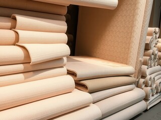 Stacked Rolls of Beige Textured Wallpaper