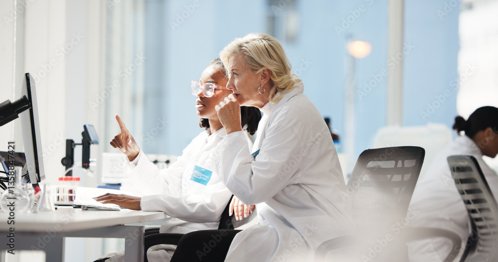 Poster helping, lab and scientists with computer, women and collaboration for medical research for healthca