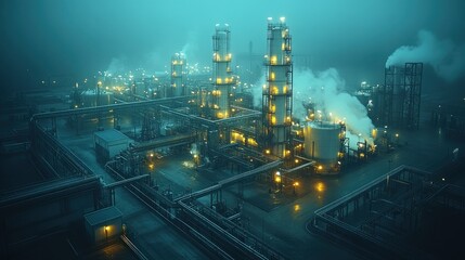 Industrial complex at night with glowing structures