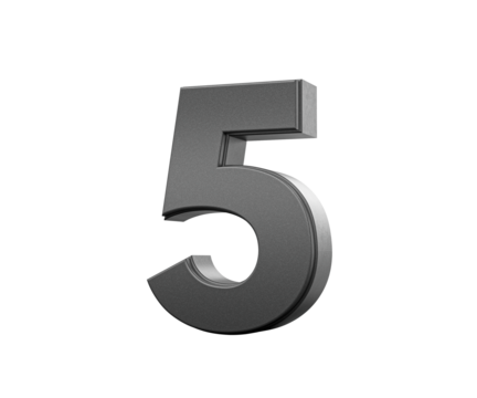 Sleek metallic Black number 5 Five with a slight shadow effect, 3d illustration