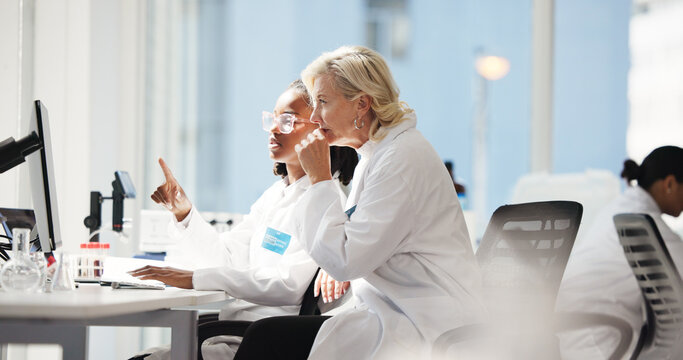 Helping, lab and scientists with computer, women and collaboration for medical research for healthcare. Pointing, manager and intern with info for assignment, teamwork and conversation for science