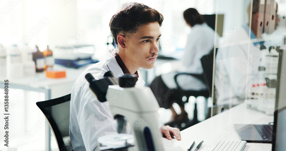 Aufkleber Man, scientist and check on computer in lab of medical research, experiment and information. Person, microscope and online of healthcare report, biotech and investigation feedback of vaccine solution