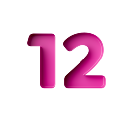 Vibrant pink number 12 Twelve in bold gradient font with a slight shadow effect, 3d illustration