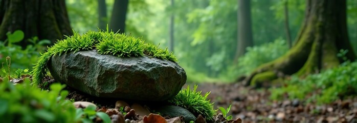 A stone covered with green moss on a blurred forest background. Close-up. Natural background with copy space for your design