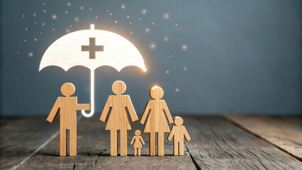 A conceptual wooden family with a large umbrella icon above them, glowing softly with a white cross, symbolizing medical welfare and security.