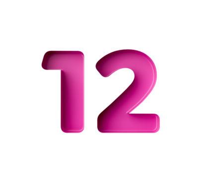 Vibrant pink number 12 Twelve in bold gradient font with a slight shadow effect, 3d illustration