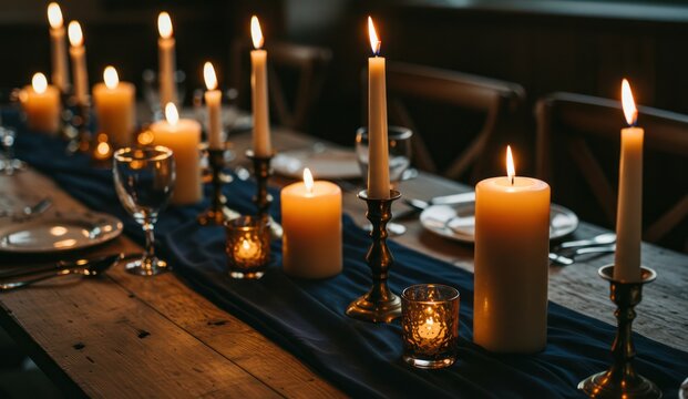 Candles illuminate a rustic table setting for a special occasion, - Powered by Adobe