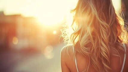 Woman with blonde hair backlit by sunset.