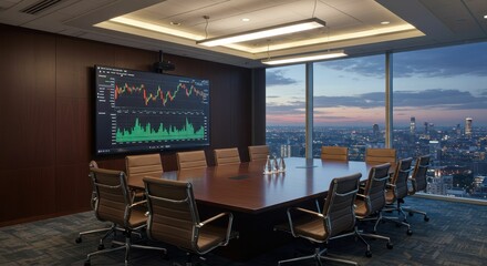 Sleek boardroom with city view at dusk, a modern meeting space,
