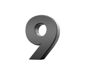 Sleek metallic Black number 9 Nine with a slight shadow effect , 3d illustration