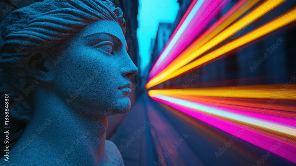 Poster serene statue with abstract light trails in urban environment during twilight hours