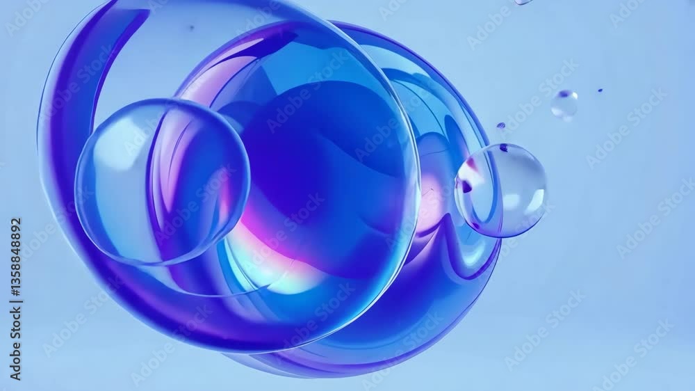 Poster abstract 3d rendered animation of swirling blue sphere with bubbles floating in blue background