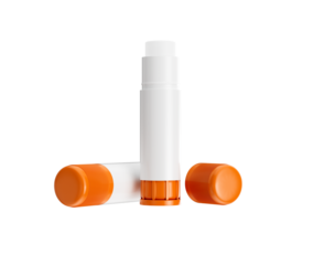 Two glue sticks with orange caps, one open to show the glue inside. 3d illustration