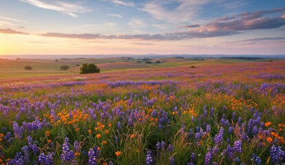 Obraz premium Vibrant wildflowers blanket rolling hills at sunset, Peaceful vista,