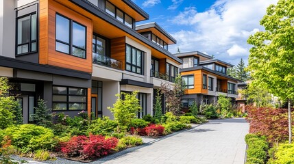 Row of upscale townhouses contemporary design with neutral facades expansive windows and landscaped pathways bright airy vibe.  