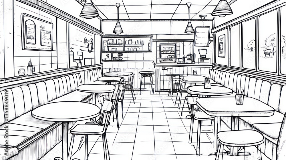 Poster interior sketch of a cafe, empty, with tables and booths. possible use for architecture magazines or