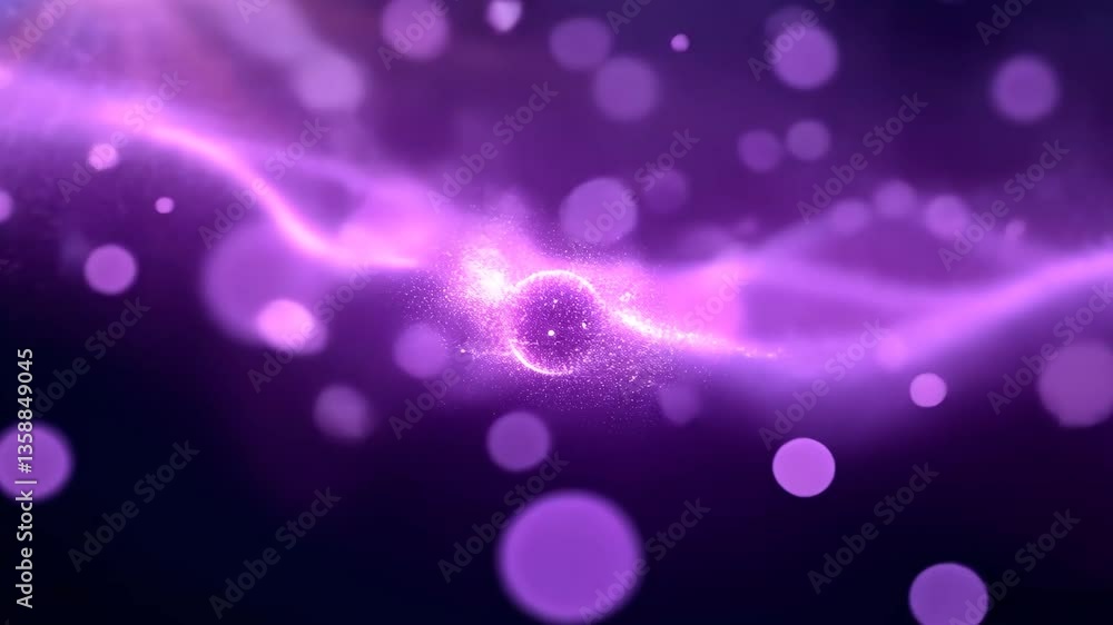 Poster abstract animation of purple glowing orbs particles bokeh and energy trails in dark background