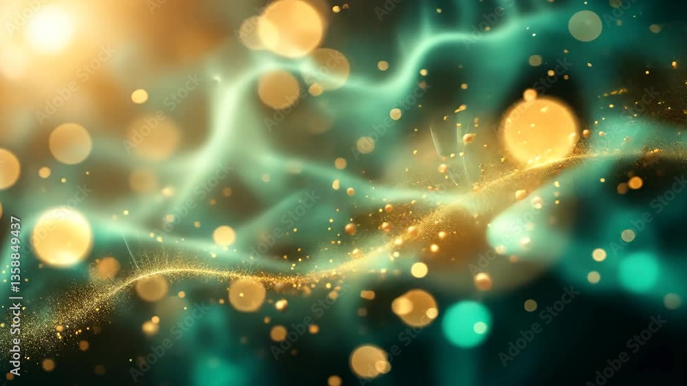 Poster abstract background with bokeh effects and flowing teal gold particles in a dreamy atmosphere