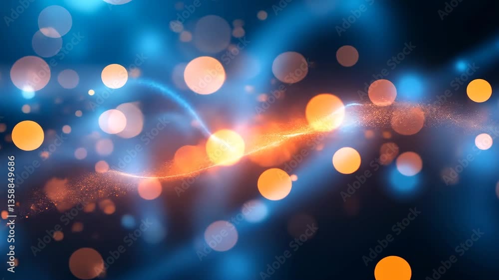 Poster abstract blue and orange glowing background with bokeh and dynamic particles