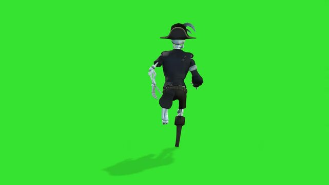 Back view running of skeleton with hat or cap horror green screen or chroma key video clip