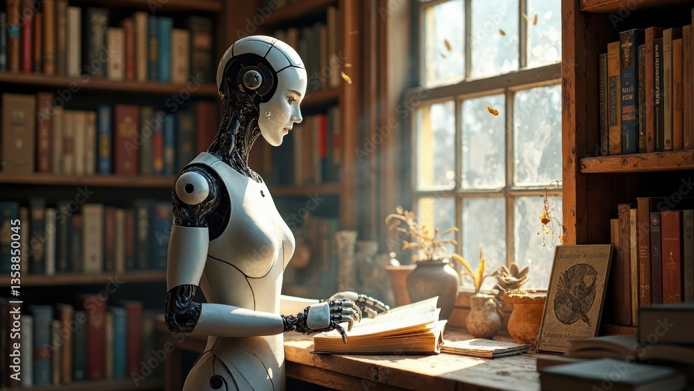 Poster robot is sitting at a table in a library, reading a book. the scene is set in a room with many books