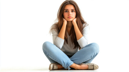 Contemplative young woman sitting on floor studio portrait photography minimalist close-up emotional expression