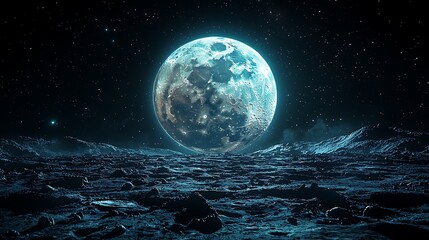 Cratered lunar landscape with glowing earth above high resolution image