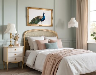 Elegant Bedroom Interior with Peacock Artwork
