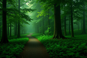 Fototapeta premium Serene forest path leading through lush greenery and mist 