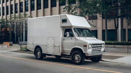 Naklejka premium White van parked on a city street. The neutral color suggests functionality and practicality for transportation needs.