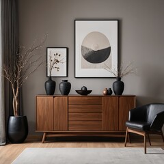 Modern Living Room Interior with Wooden Cabinet and Abstract Art