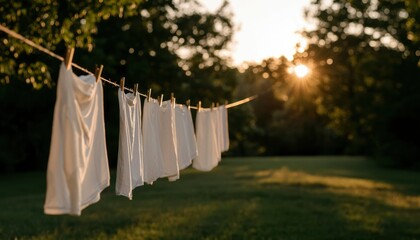 Clean laundry drying on rope in backyard with sunset, for summer scene
