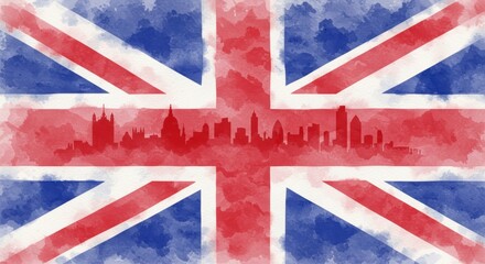 Fototapeta premium Watercolor union jack with london skyline silhouette