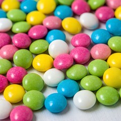 Obraz premium Colorful Gumballs for Candy Display, a close-up of colorful gumballs in a vibrant mix of pink, blue, green, and white, perfect for sweet-themed projects or as a party candy display