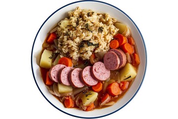 A photo of a plate with a sliced sausage in a vegetable stew