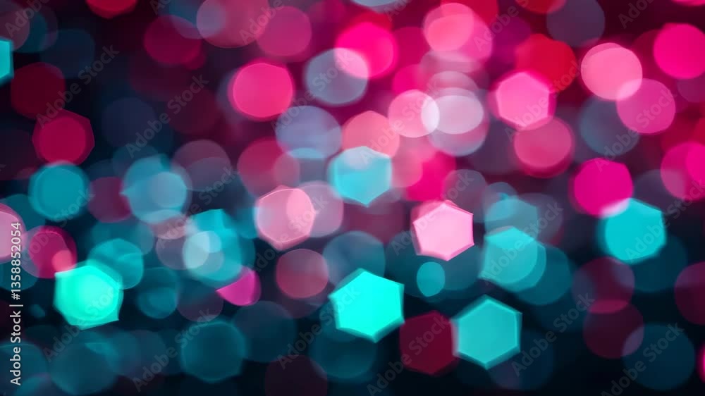 Poster abstract bokeh background in teal and magenta with hexagonal shapes and blurred lights