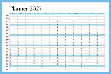 2027 Event planner timetable agenda plan, schedule event. Checking planner, Taking note, Calendar event plan, work planning, Time management. Reminder appointment. Graphic organization paper vector	
