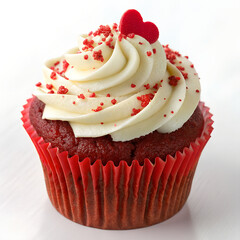 Cupcake with Red Heart Decoration, a delicious red velvet cupcake topped with creamy frosting and a red heart decoration