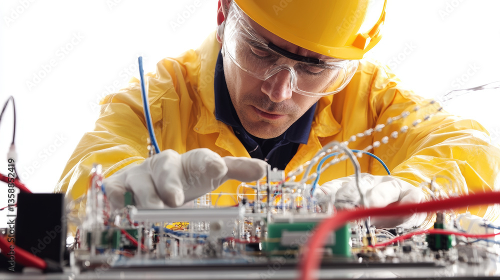Poster technical specialist assembling electronic components in a modern laboratory close-up shot high-tech