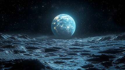 Fototapeta premium Cratered moon surface with earth above shining high resolution image