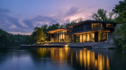 Fototapeta premium Sleek modern home perched by a tranquil river twilight hues shimmering water reflections detailed architecture cinematic view. 