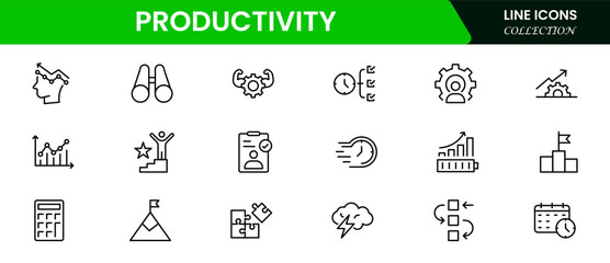 Productivity and efficiency. Outline icon collection. Linear business and leader symbols. Vector illustration.