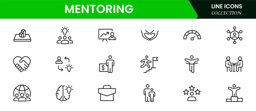 A set of line icons related to Mentoring. Mentor, training, skill, leadership, target, time, communication, plan, education, and so on. Vector outline icons set.