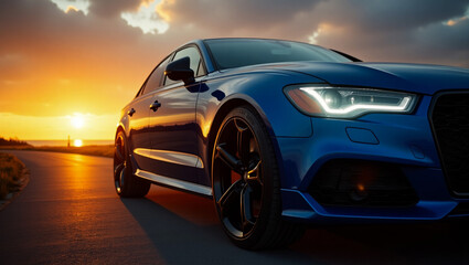 Luxury Blue Sports Car at Sunset. High-Performance Vehicle with LED Headlights.