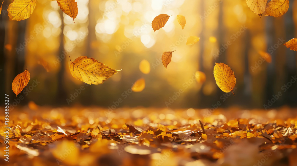 Poster falling autumn leaves in a golden forest with sunlight and soft background bokeh effect