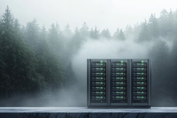 Server racks glow faintly in a misty forest, suggesting sustainable data centers or remote computing.