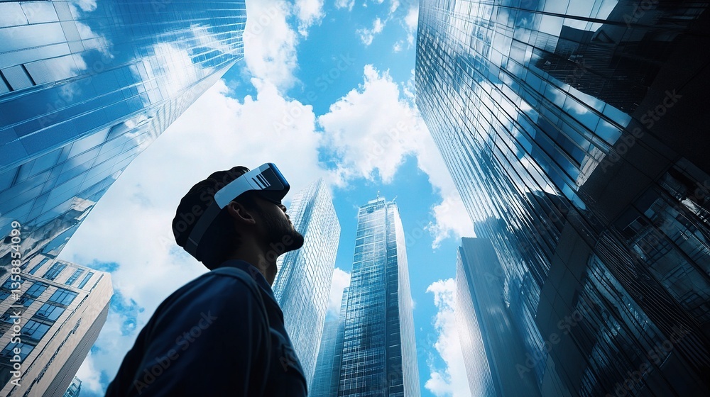 Poster modern architect exploring augmented reality in urban environment