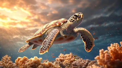A majestic sea turtle swimming gracefully over colorful coral reefs in the crystal clear ocean waters beneath the surface